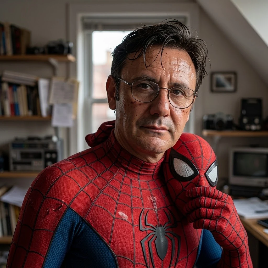 Julián Alvarado en su estudio, con el traje del Hombre Araña y la máscara en la mano