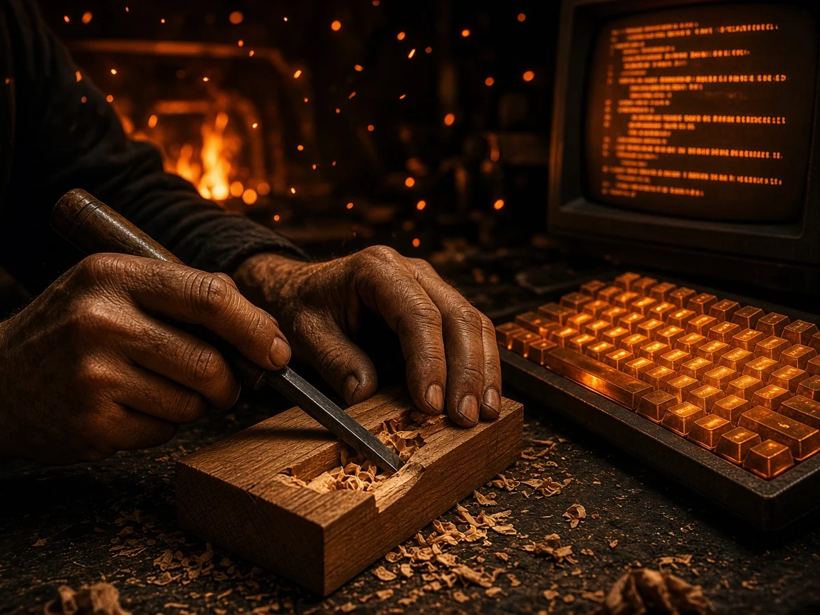 Manos de un artesano tallando madera con un cincel junto a un teclado mecánico y una terminal con código, iluminadas por el fuego de una forja