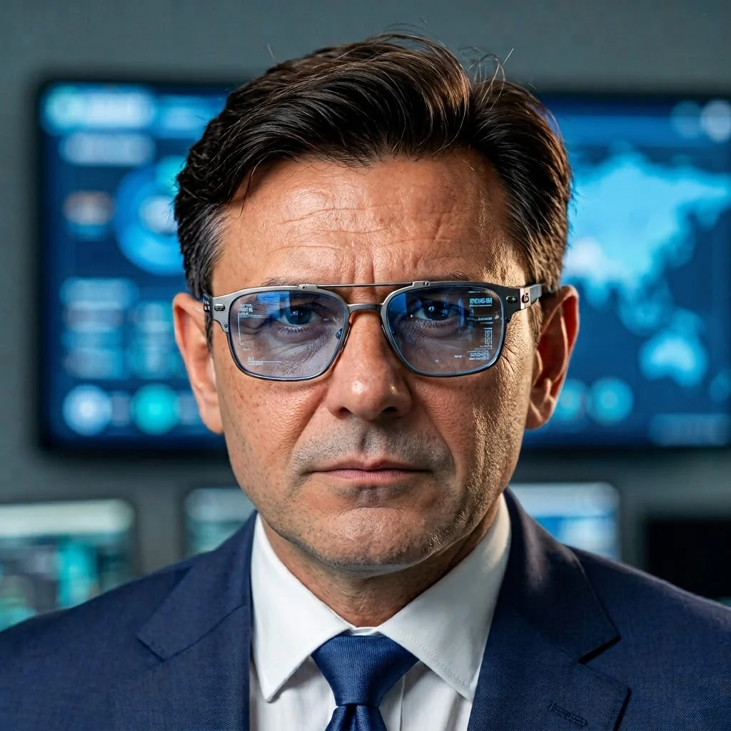 Julián Alvarado con gafas inteligentes frente a pantallas de datos