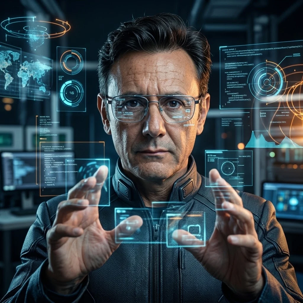 El CEO de GLocation orquestando paneles holográficos con su trabajador cognitivo